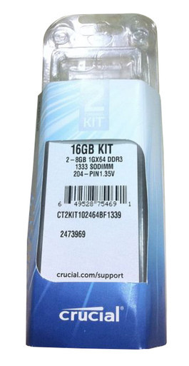 CT2KIT102464BF1339 - Crucial 16GB Kit (2 X 8GB) DDR3-1333MHz PC3-10600 non-ECC Unbuffered CL9 204-Pin SoDimm 1.35V Low Voltage Dual Rank Memory