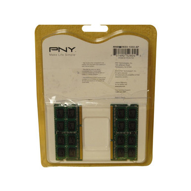 MN8192KD3-1333 - PNY 8GB Kit (2 X 4GB) PC3-10600 DDR3-1333MHz non-ECC Unbuffered CL9 204-Pin SoDimm 1.5V Dual Rank Memory