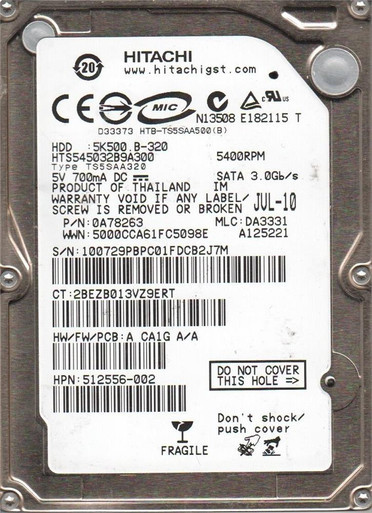 HTS545032B9A300 - Hitachi Travelstar 5K500.B 320GB SATA 3Gb/s 8MB Cache 2.5 inch 5400RPM Hard Drive