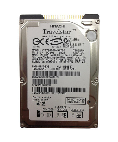 08K0939 - Hitachi TravelStar 7K60 60GB ATA-100 8MB Cache 44-Pin 2.5 inch 9.5MM Laptop 7200RPM Hard Drive