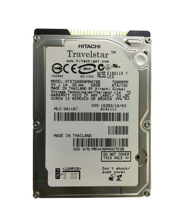 HTS726060M9AT00 - Hitachi TravelStar 7K60 60GB ATA-100 8MB Cache 44-Pin 2.5 inch 9.5MM Laptop 7200RPM Hard Drive