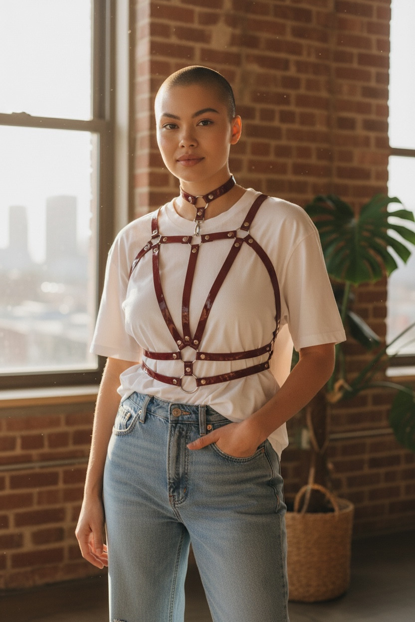 Tie Neck Double Layer Leather Harness