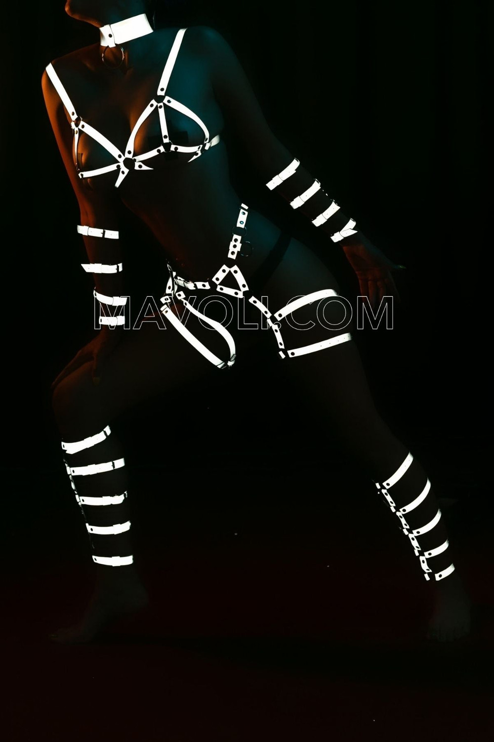 Glowing In Darkness Harness Set - Women  Reflective Full Body Wrap - Reflector Club Dance Wear
