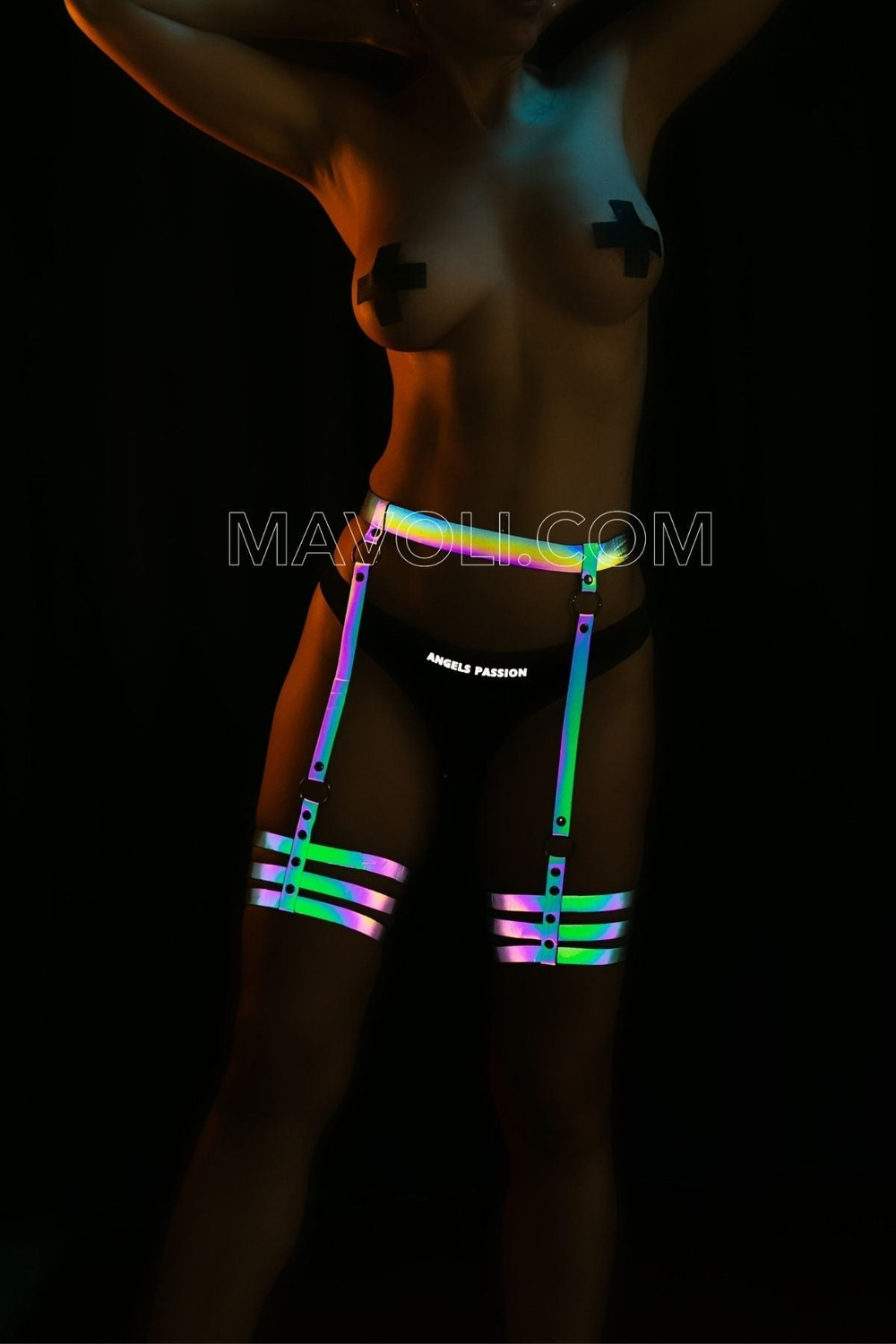 Rainbow Colorful and Glowing in Darkness Reflective Leg Harness - Bondge Garter -  Kit