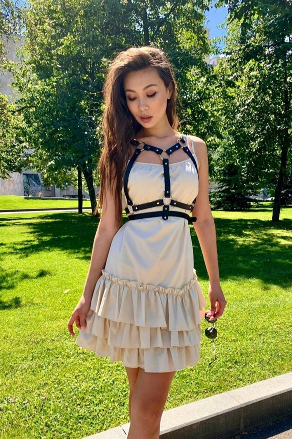 Elegant Leather Belt With Bust Detail Over The Shoulder Strap On Dress