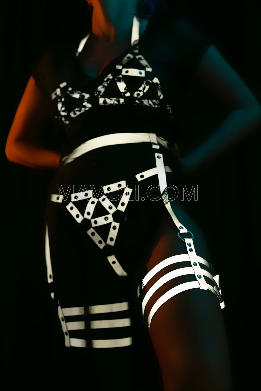 Women's Dominant Look White Reflective Harness Set - Night Club Reflector Harness