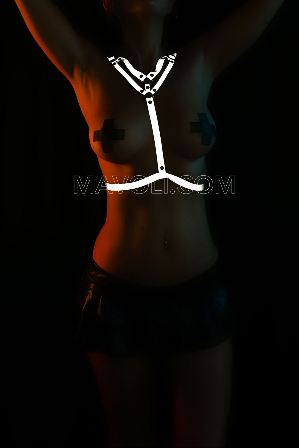 Reflective Decollete Detail Harness - Shiny Club Dance Wear - Party Chest Wrap White Reflector