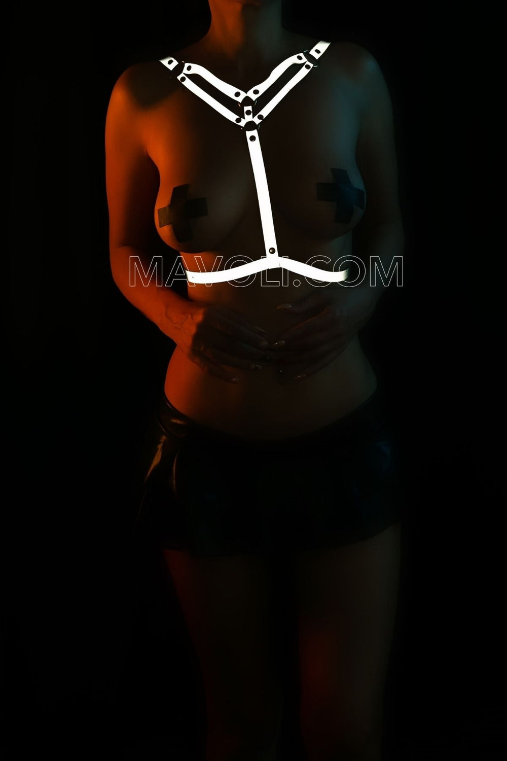 Reflective Decollete Detail Harness - Shiny Club Dance Wear - Party Chest Wrap White Reflector