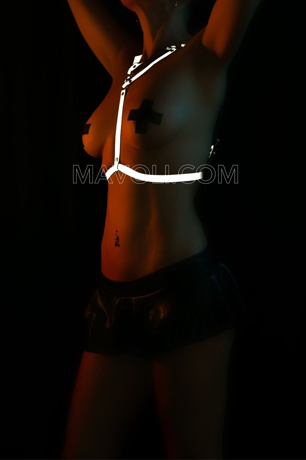 Reflective Decollete Detail Harness - Shiny Club Dance Wear - Party Chest Wrap White Reflector