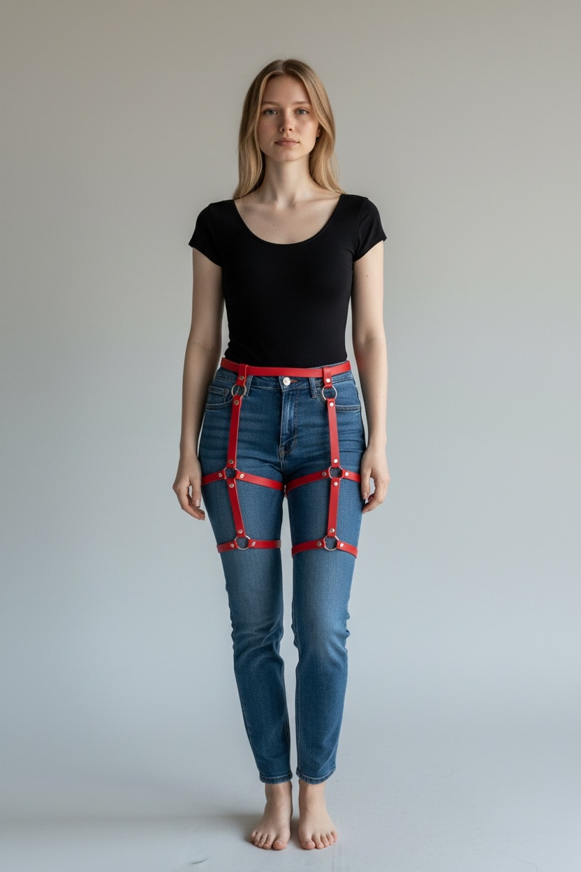 Adjustable Red Garter Leather Harness