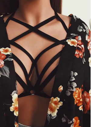 3 Row Cross Detailed Sexy Elastic Harness - Rubber Lingerie