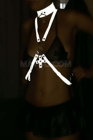 Leash Choker Detailed Sexy On Bust Reflective Harness - Shiny Night Club Dancer Wear - Reflector Clothes