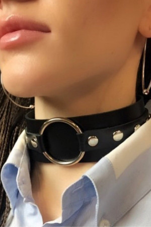 Ring Detailed Adjustable Wide Stripe Stylish Leather Choker Neck Accessory