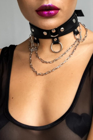 Chain and Ring Detail Stylish Leather Choker Collar Accessory