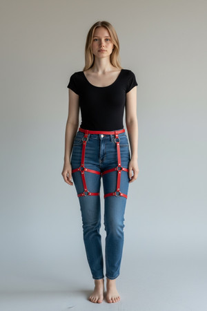 Adjustable Red Garter Leather Harness