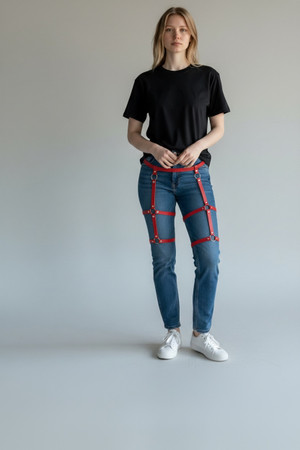 Adjustable Red Garter Leather Harness