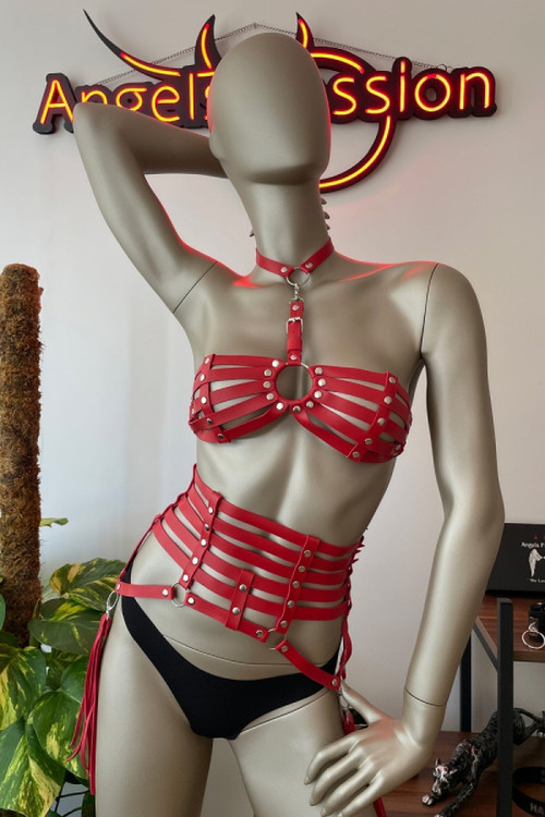 Fringe Detail Red Leather Corset Bra & Harness Set