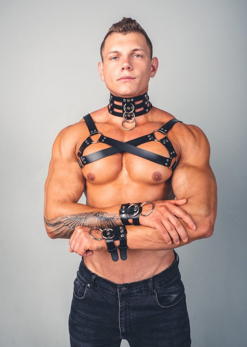 Men's Fantasy Collar & Handcuffs Harness Set