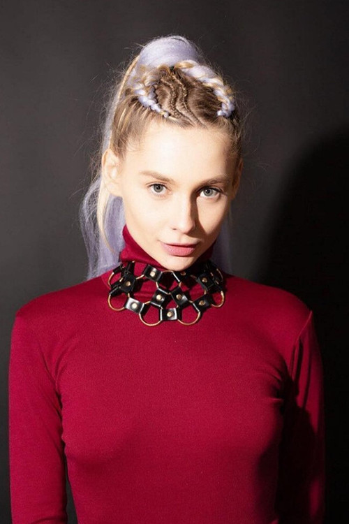 Ring Detailed Leather Choker Neck Accessory