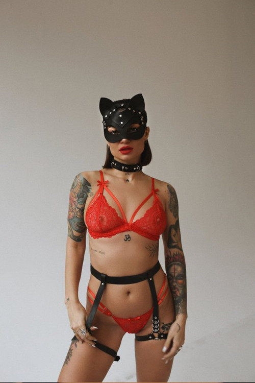 Sexy Leather Mask Leash And Suspenders Harness Set