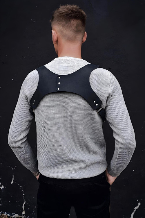 Stylish Men's Leather Harness with Shoulder Detail Accessory over Men's Shirt