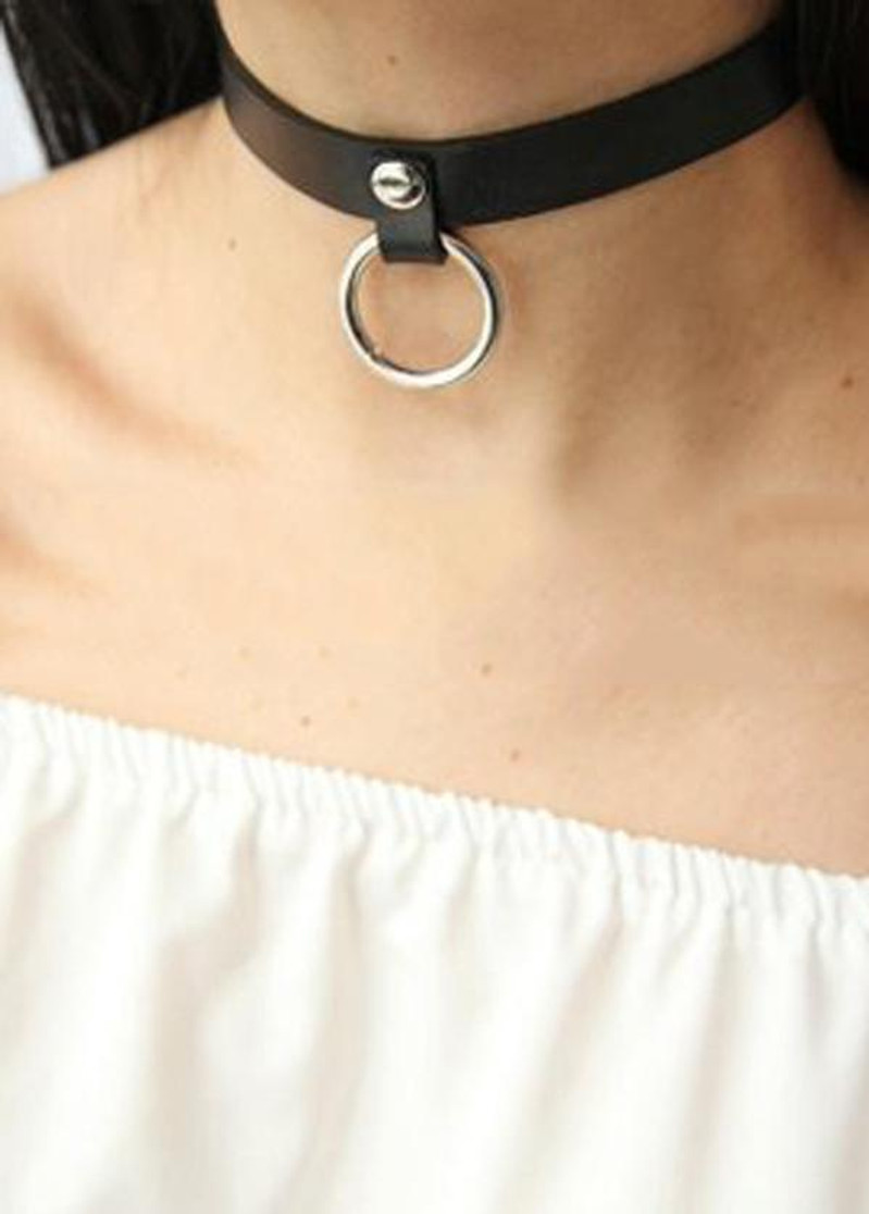 Ring Detail Leather Choker Collar