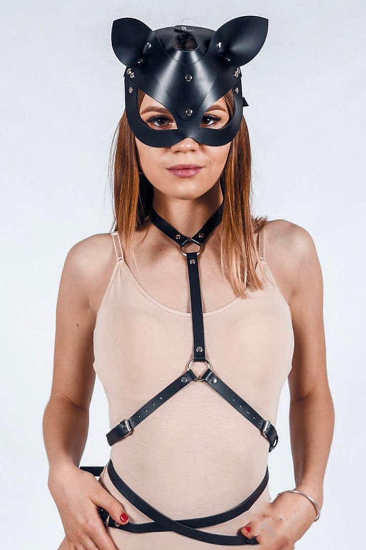 Women's Black Leather Fantasy Mask & Harness Set