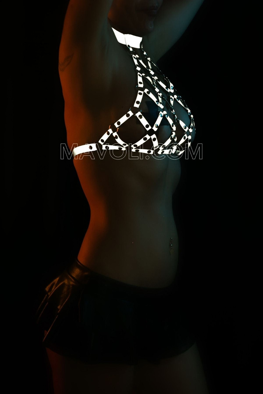 Mesh Look Sexy Bust Reflective Harness - Glowing in Darkness - Collared Reflector Bustier -  Kit