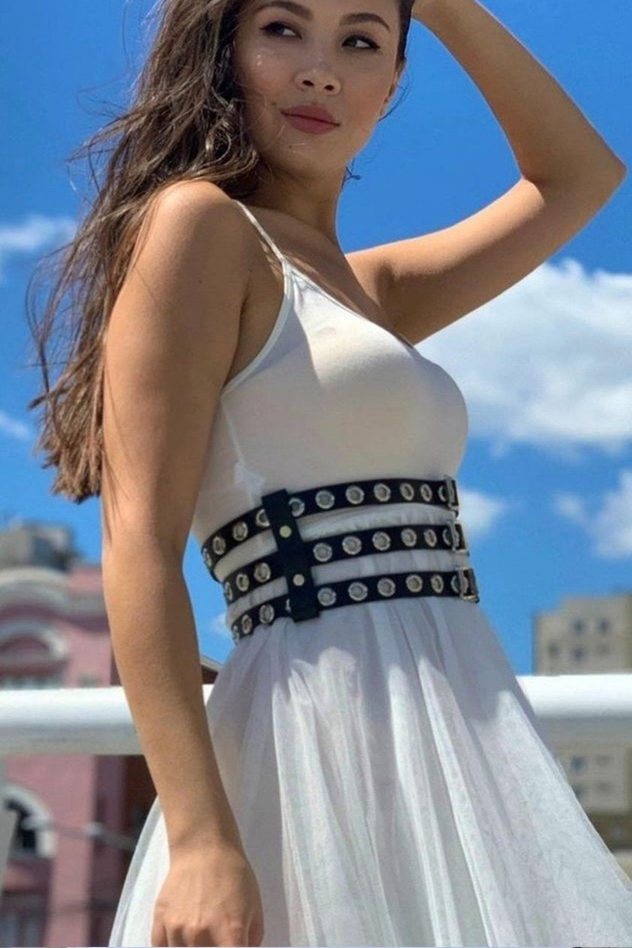 Three Thin Stripe Adjustable Elegant Leather Waist Corset Belt on Dress