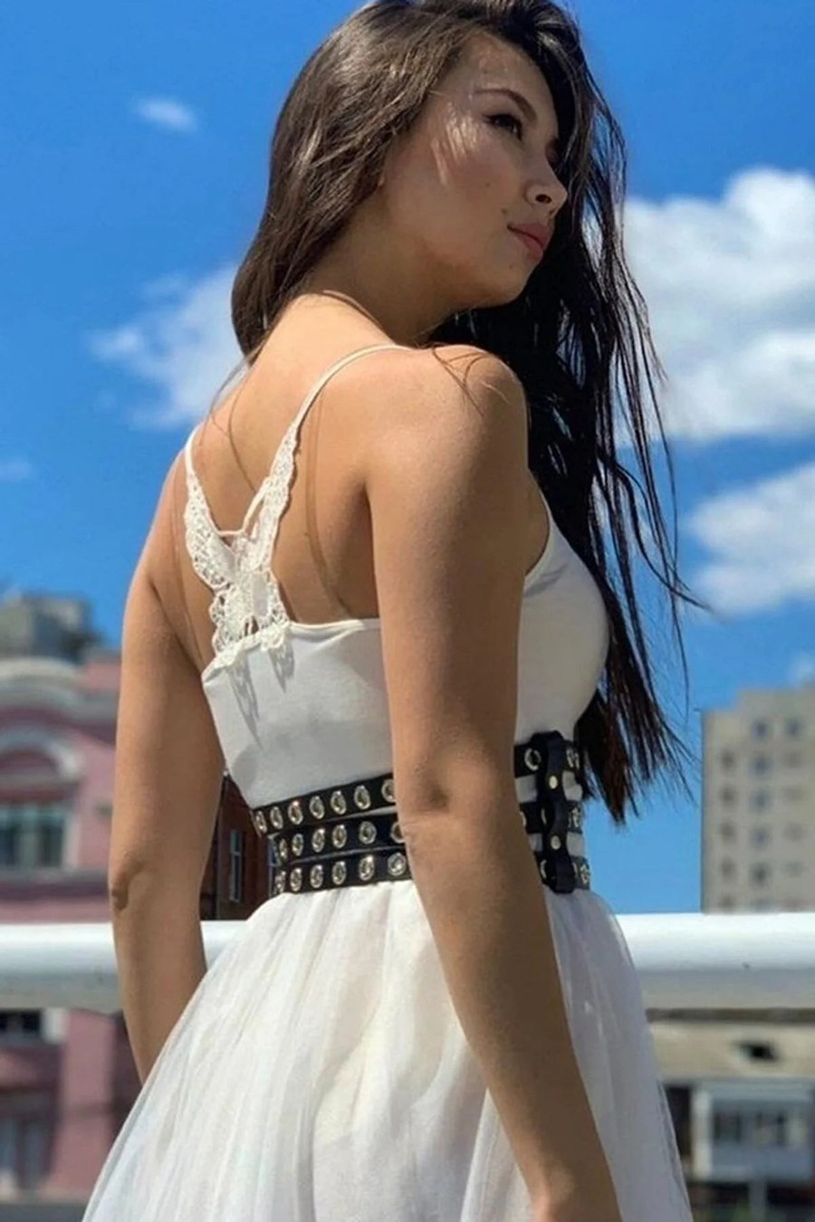 Three Thin Stripe Adjustable Elegant Leather Waist Corset Belt on Dress