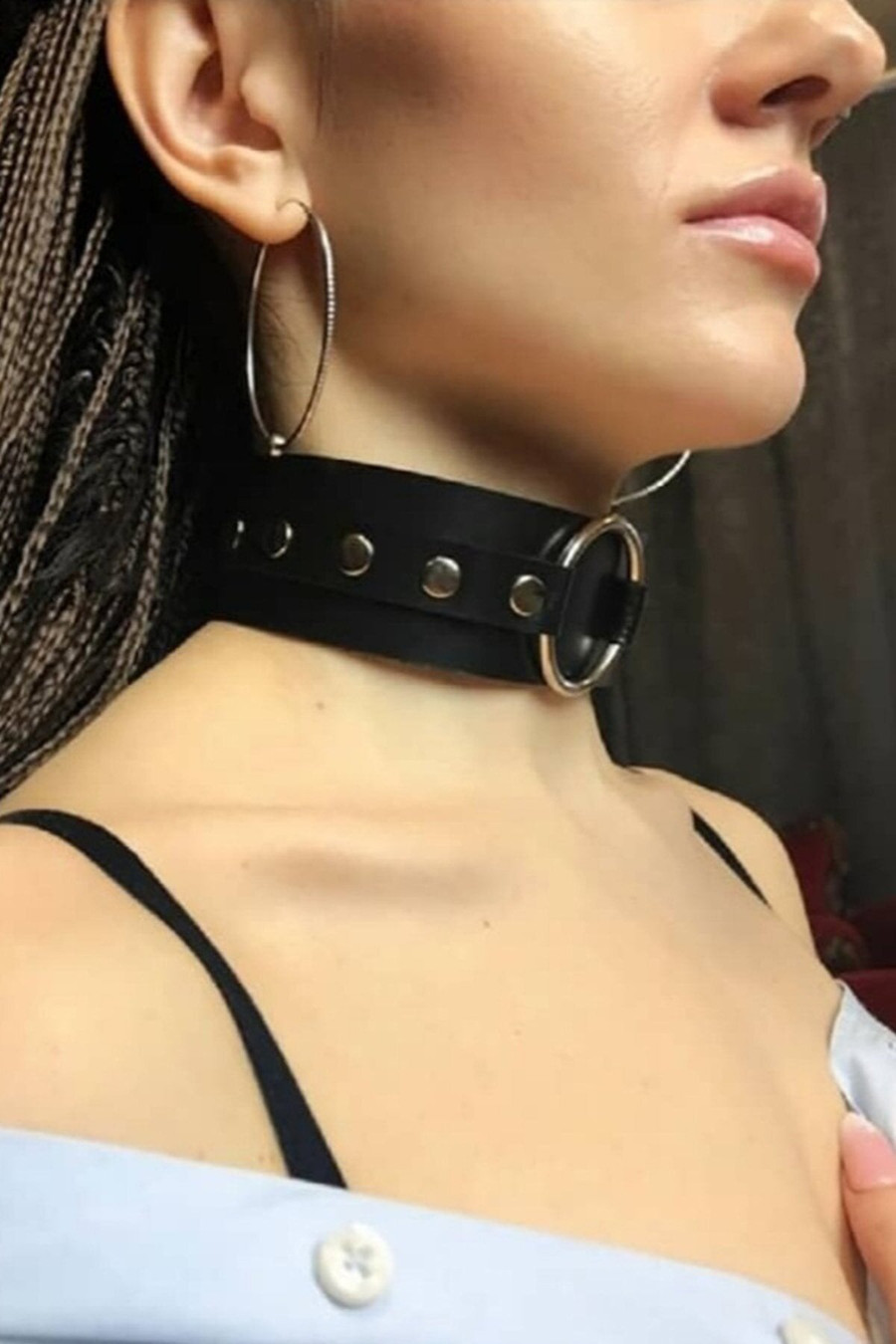 Ring Detailed Adjustable Wide Stripe Stylish Leather Choker Neck Accessory