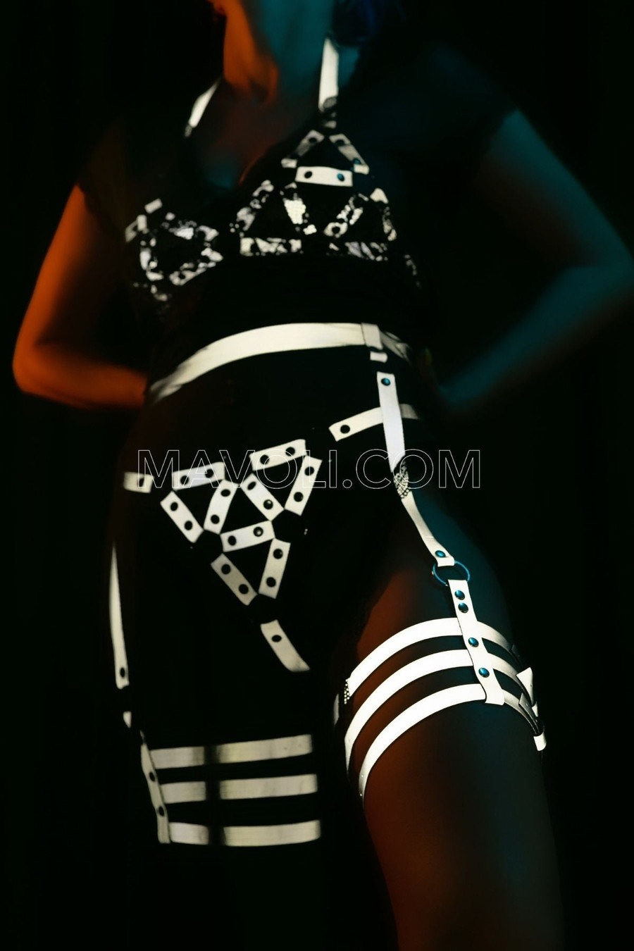 Women's Dominant Look White Reflective Harness Set - Night Club Reflector Harness