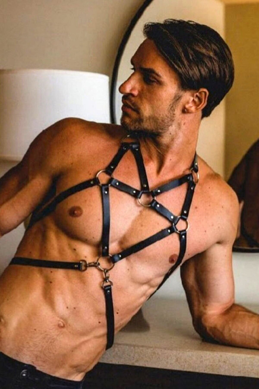 Men's Fancy Leather Harness And Handcuffs Set