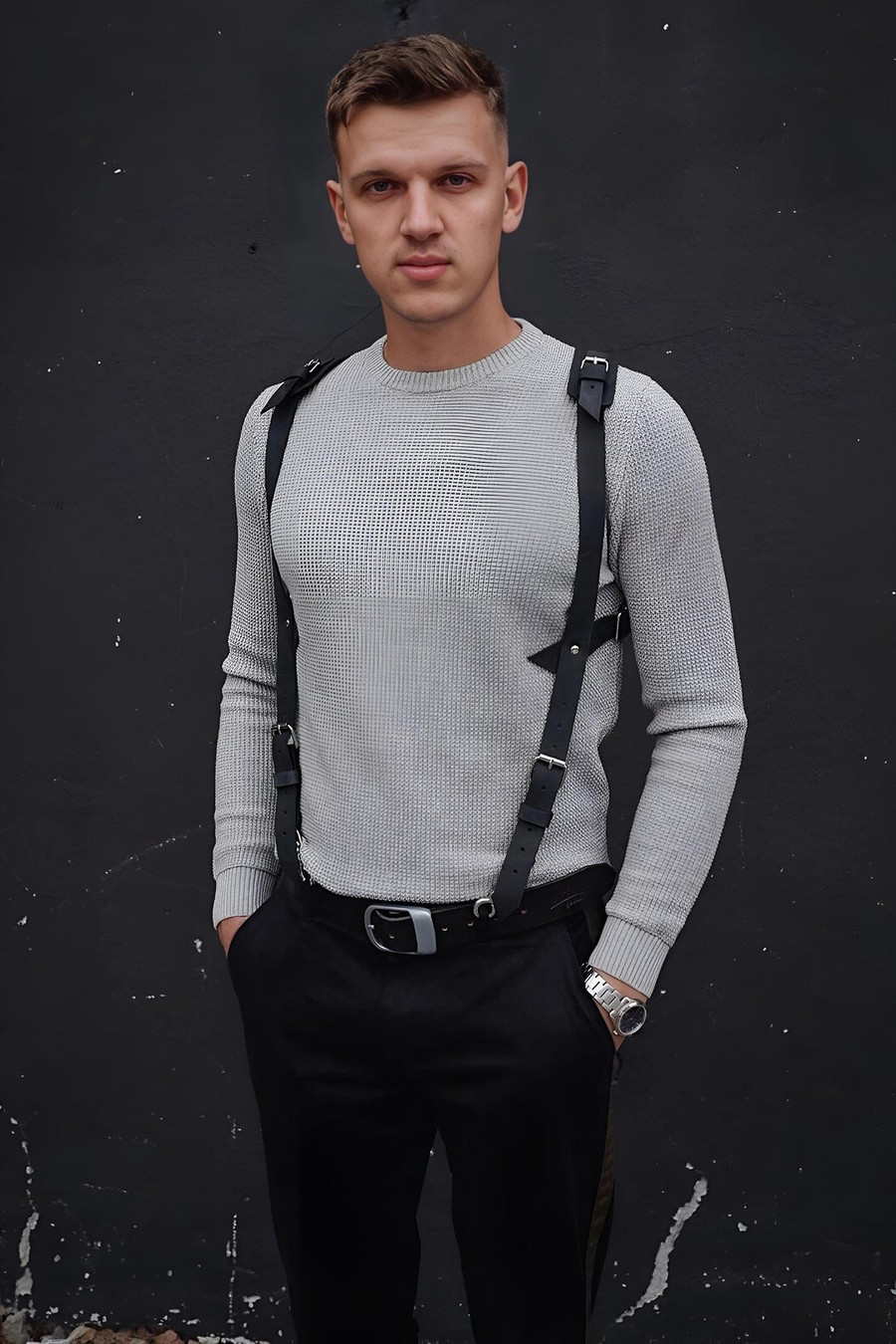 Stylish Men's Leather Harness with Shoulder Detail Accessory over Men's Shirt