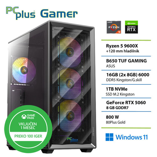 PCPLUS Gamer Ryzen 5 9600X 16GB 1TB SSD RTX 5060 8GB Windows 11 Home + Xbox GP gaming namizni računalnik PCPLUS Gamer Ryzen 5 9600X 16GB 1TB SSD RTX 5060 8GB Windows 11 Home + Xbox GP gaming namizni računalnik