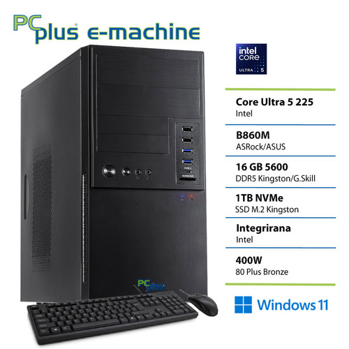 PCPLUS e-machine Core Ultra 5 225 16GB 1TB SSD Windows 11 Home tipkovnica miška namizni računalnik