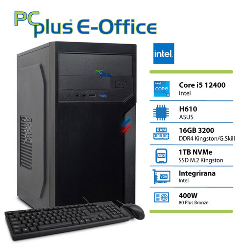 PCPLUS e-office i5 12400 16GB 1TB SSD tipkovnica miška namizni računalnik