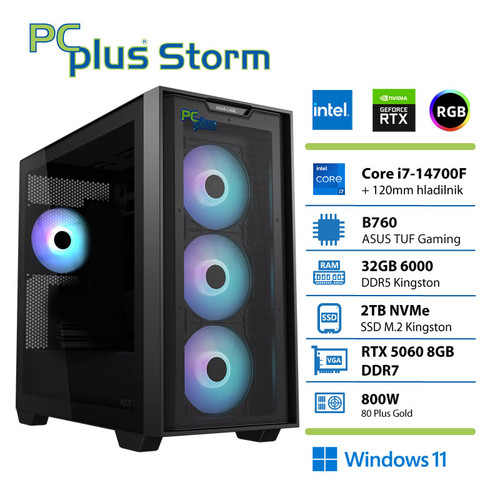 PCPLUS Storm Core i7 14700F 32GB 2TB SSD RTX 5060Ti 8GB Windows 11 Home gaming namizni računalnik