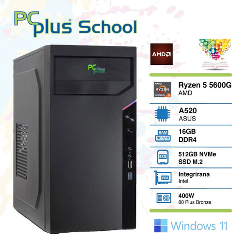 PCPLUS School Ryzen 5 5600G 16GB 512GB SSD Windows 11 PRO EDU (samo za izobraževalne ustanove) namizni računalnik