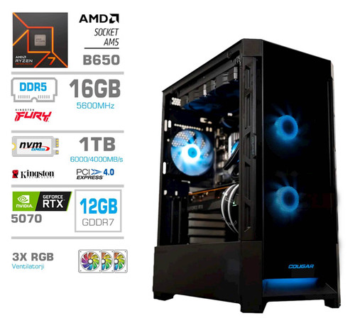 Računalnik PCX Exton R7 7700X/16GB/1TB/RTX5070/RGB