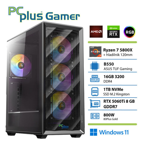 PCPLUS Gamer Ryzen 7 5800X 16GB 1TB SSD RTX 5060Ti 8GB Windows 11 Home gaming namizni računalnik