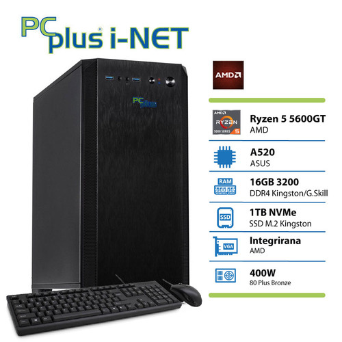 PCPLUS i-net Ryzen 5 5600GT 16GB 1TB SSD tipkovnica miška namizni računalnik