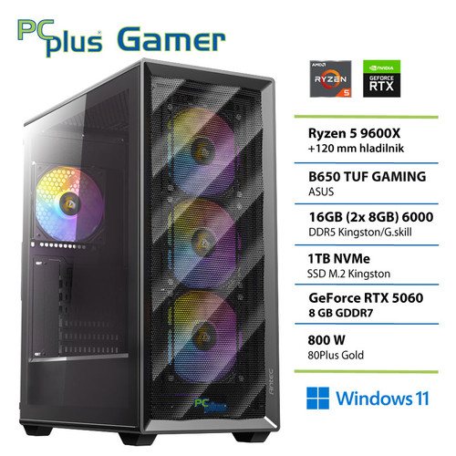 PCPLUS Gamer Ryzen 5 9600X 16GB 1TB SSD RTX 5060 8GB Windows 11 Home gaming namizni računalnik