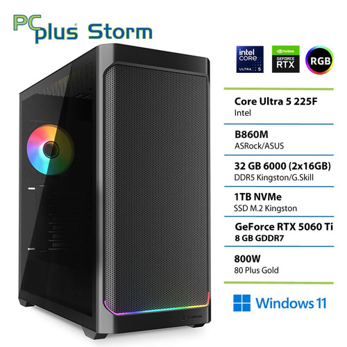 PCPLUS Storm Core Ultra 5 225F 32GB 1TB SSD RTX 5060Ti 8GB Windows 11 Home gaming namizni računalnik