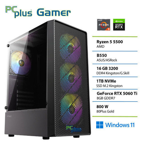 PCPLUS Gamer Ryzen 5 5500 16GB 1TB SSD RTX 5060Ti 8GB Windows 11 Home gaming namizni računalnik