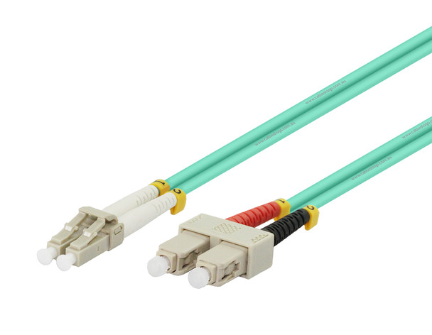 1.5M OM3 LC to SC Multimode Duplex Fibre Patch Cable in Aqua