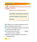 ICO Islamic Studies Grade 1 Part 1 fill-in-the-blanks activity on Islamic beliefs and the Qur'an
