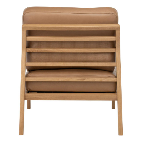 Back view of Nysse Lounge Chair with Scandinavian design, oak frame, and leather upholstery.