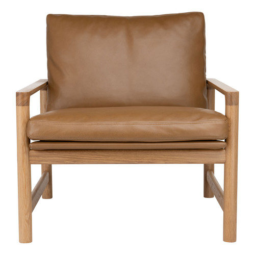 Front view of Troubadour Lounge Chair with mid-century design, oak frame, and leather upholstery.