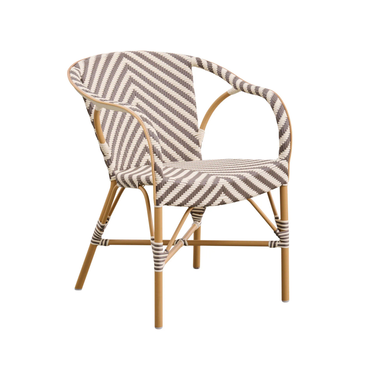 ハラコ ブラウンとホワイトのストライプアームチェア Madeleine Outdoor Bistro Arm Chair - Chevron